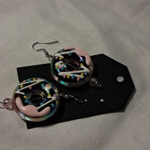 Pink Donut Earrings with Sprinkles